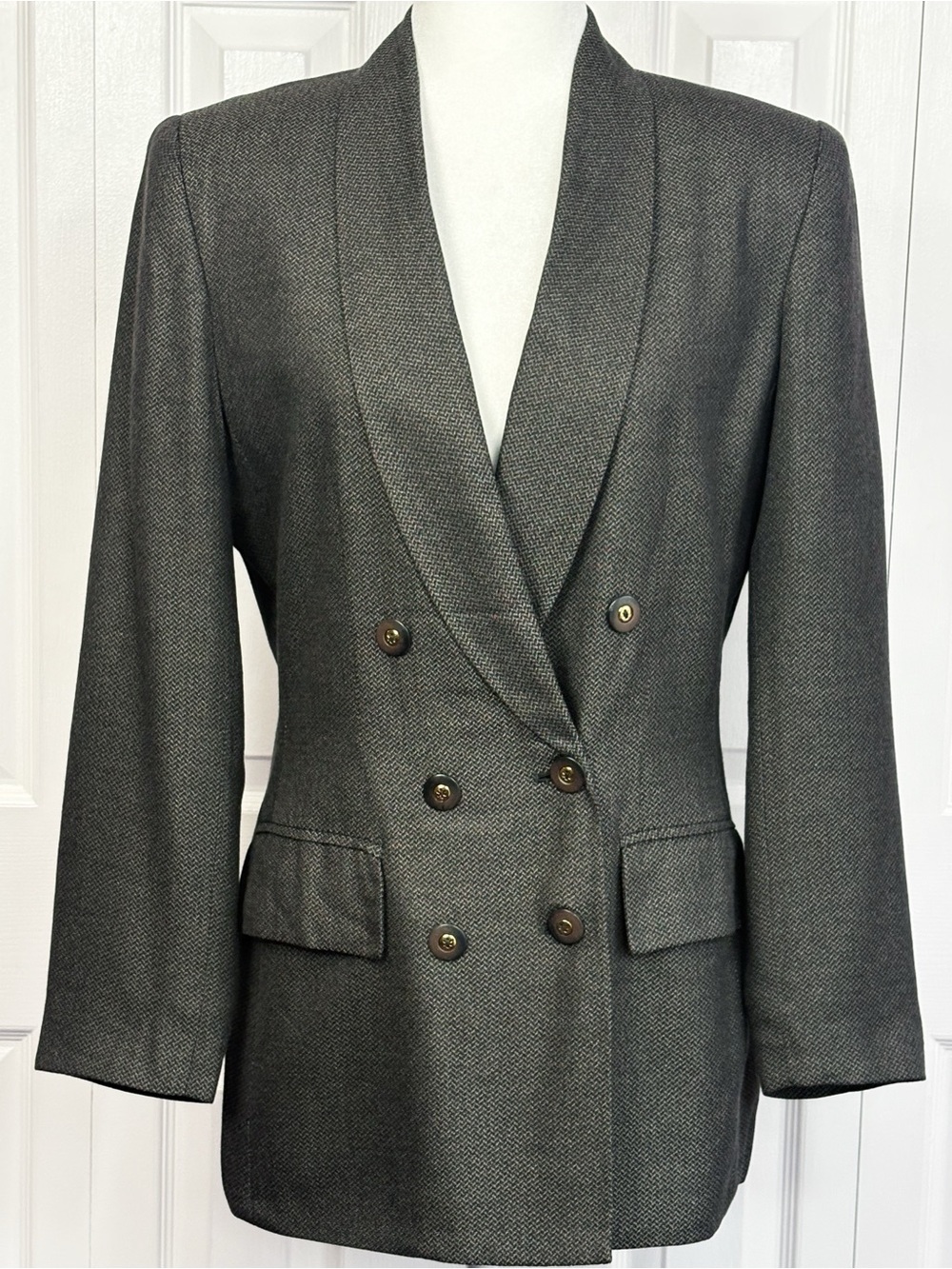 Vintage Kasper for ASL Gray & Black Herringbone Double Breasted Blazer 8